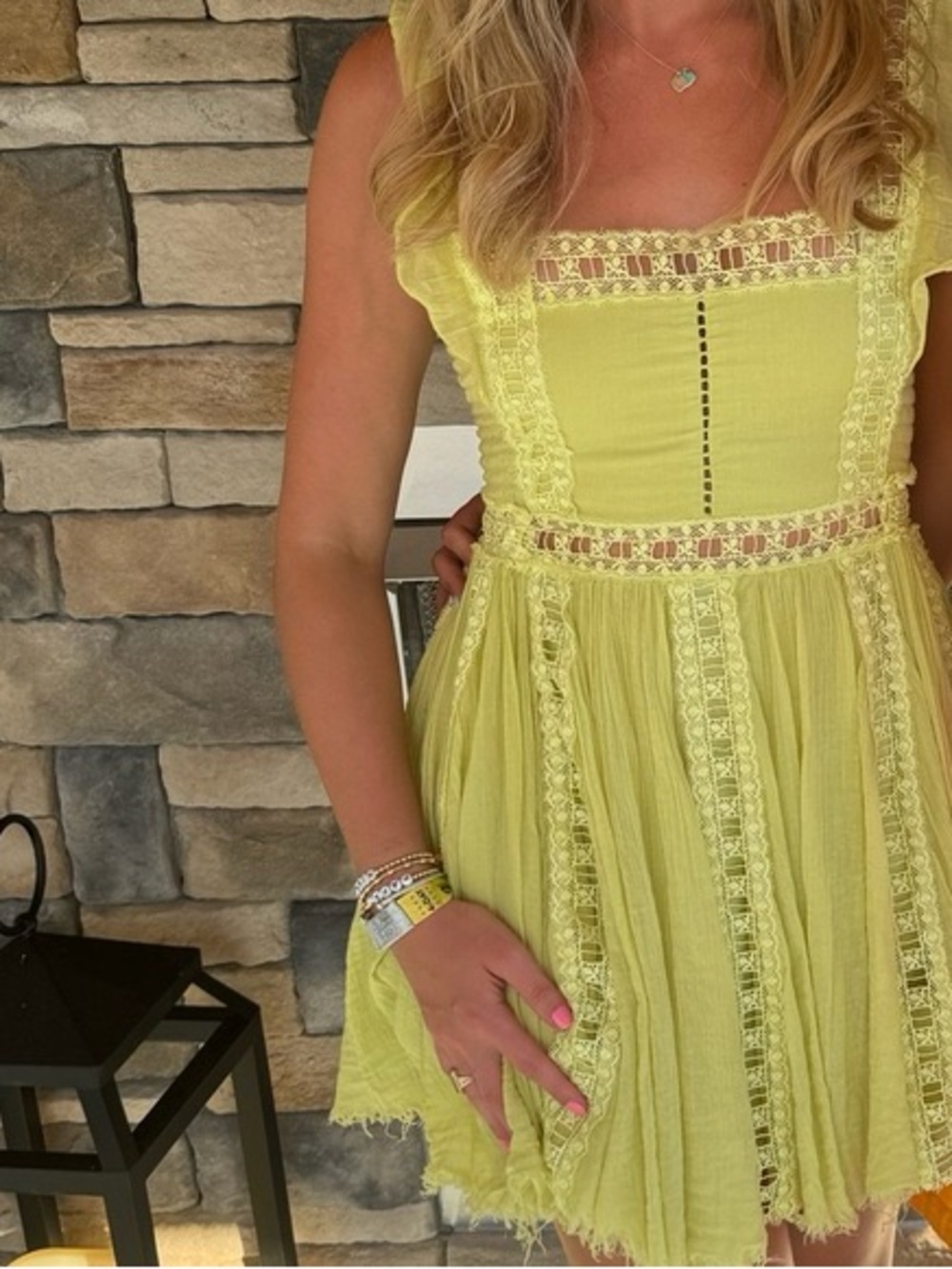 Free People Verona Chartreuse Mini Dress with Lace Trim